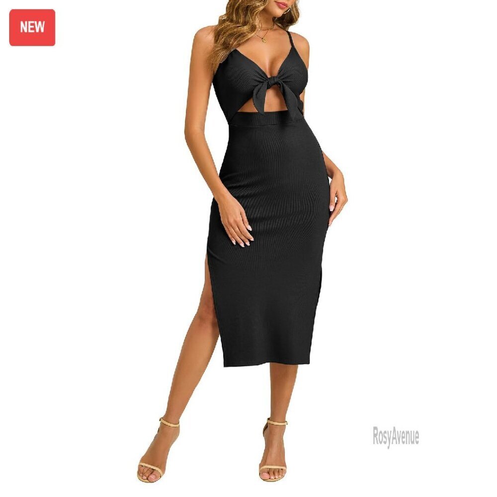 Sexy Spaghetti Strap Ribbed Knit Bodycon Midi Dress with Tie Knot Cut Out